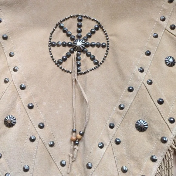 Cripple Creek Vest Tan Leather Fringe Studded Western Capelet Poncho Festival OS - Picture 10 of 14
